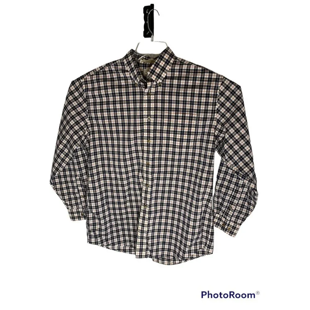 LL Bean Mens LG Wrinkle Resistant Button Collar Red White Blue Plaid Long Sleeve